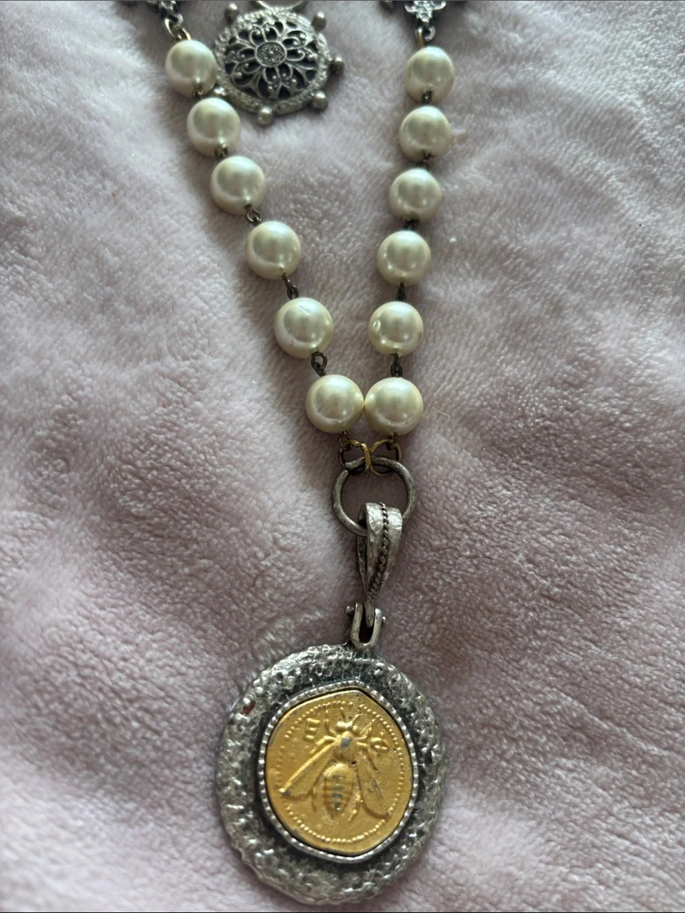 Free People White Pearl Layered Necklace with Gold & Silver Medallion